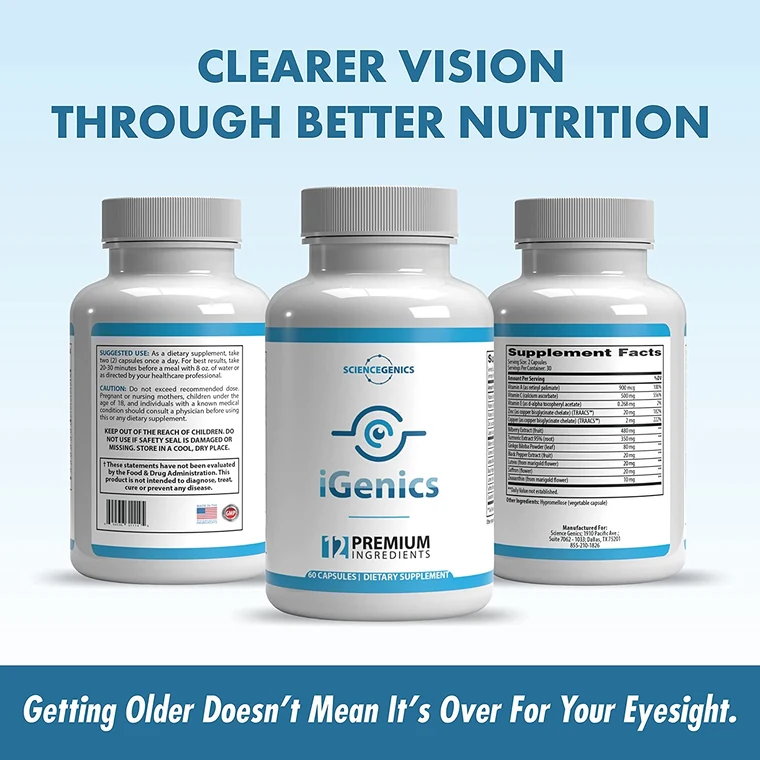 iGenics bottle front, suggested use panel and Supplement Facts panel